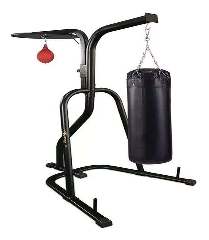 SOPORTE , ESTACION DE BOXEOSOPORTE SACO DE BOXEO (DOBLE) El aparato incluye 2 soportes: en uno puedes colgar un saco de boxeo para el trabajo de puño y patadas. El otro es un soporte para pera de precisión.  Excelente máquina para el entrenamiento del box